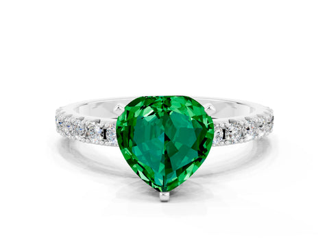 White gold Heart Cut Emerald Solitaire Pavé Band with Four-Prong Setting