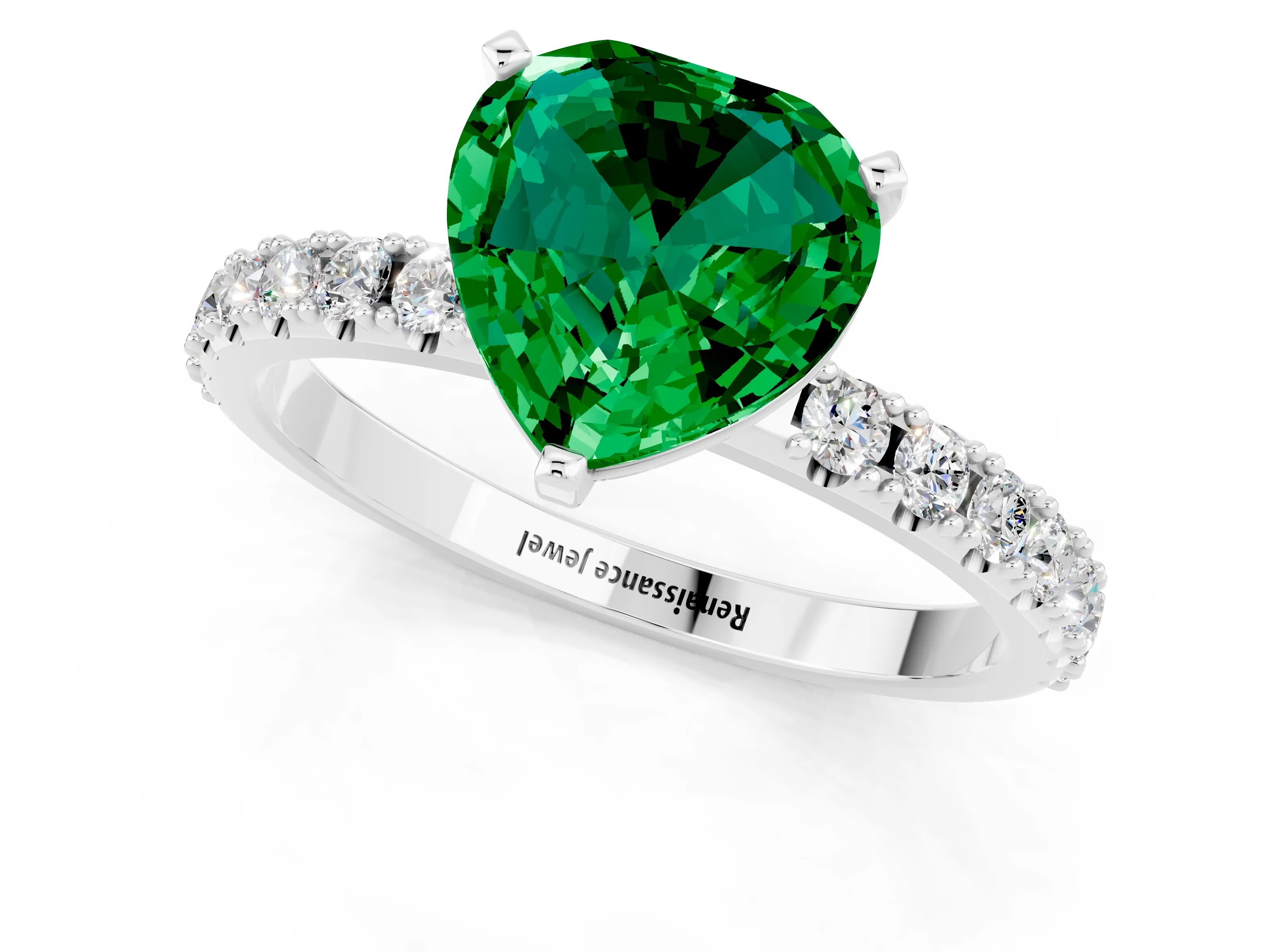 White gold Heart Cut Emerald Solitaire Pavé Band with Four-Prong Setting_1