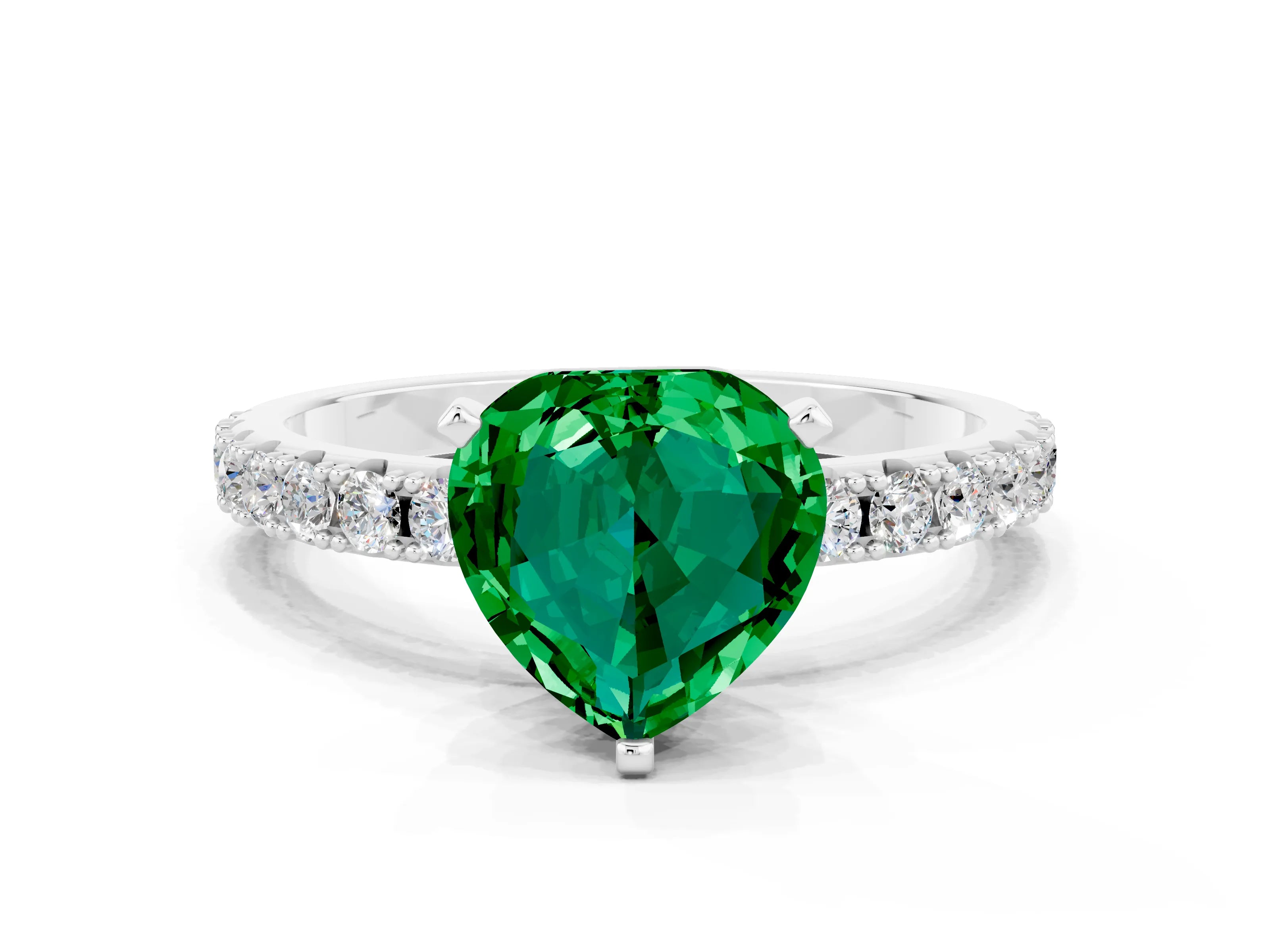 White gold Heart Cut Emerald Solitaire Pavé Band with Four-Prong Setting