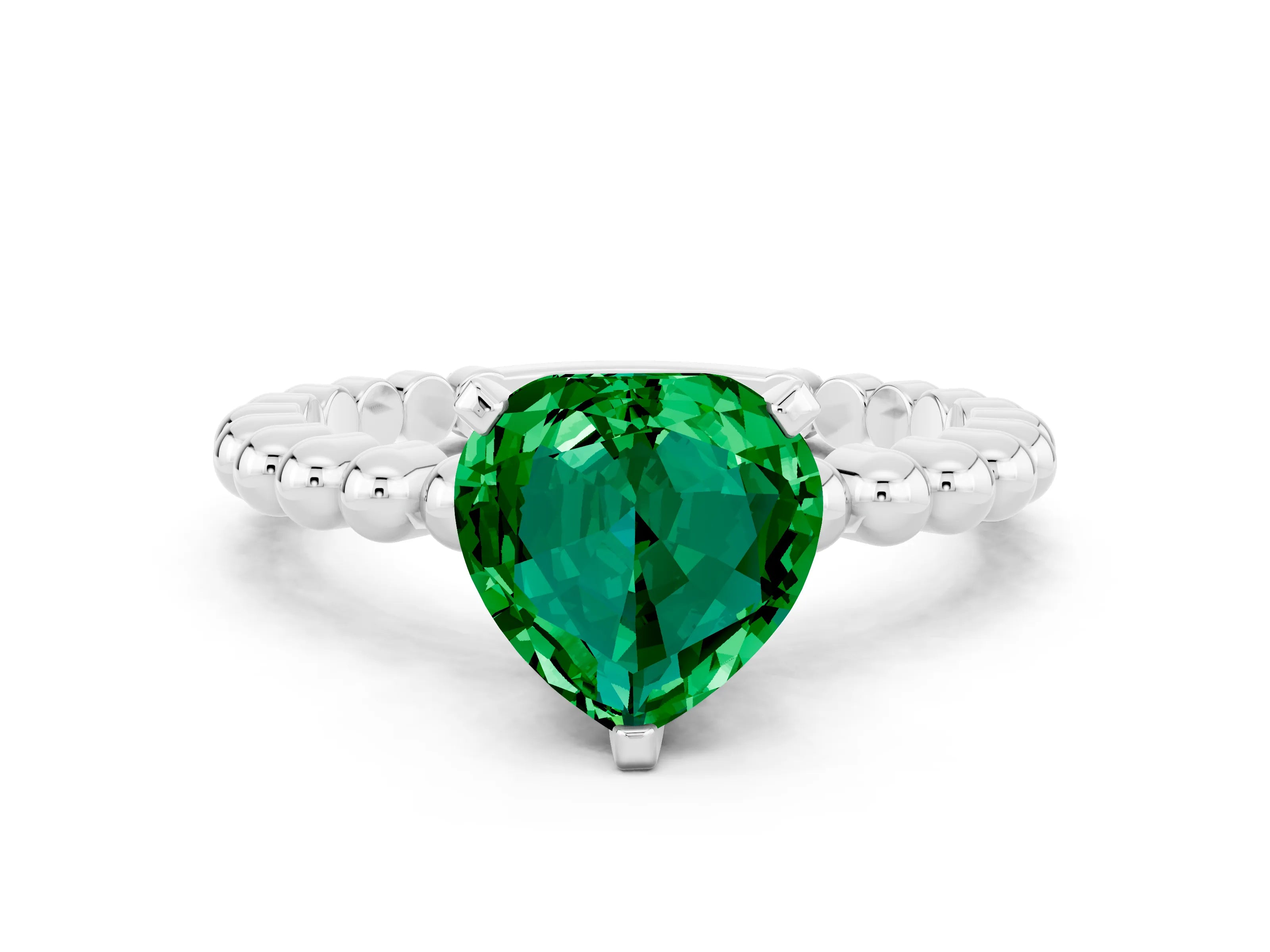 White gold Heart Cut Emerald Solitaire Ring with Beaded Band and Prong Setting
