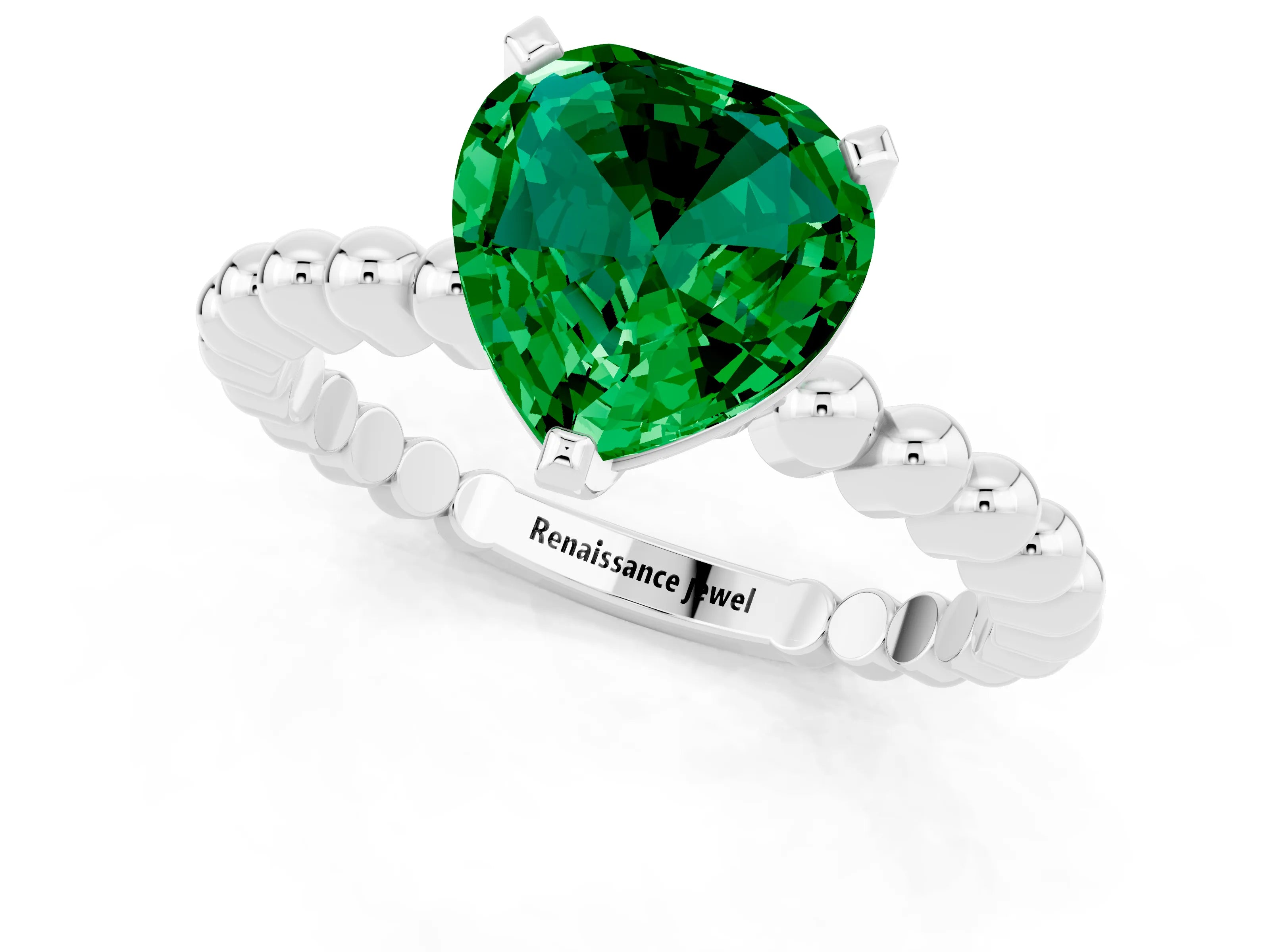 White gold Heart Cut Emerald Solitaire Ring with Beaded Band and Prong Setting_1
