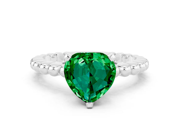 White gold Heart Cut Emerald Solitaire Ring with Beaded Band and Prong Setting