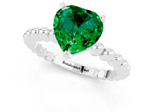 White gold Heart Cut Emerald Solitaire Ring with Beaded Band and Prong Setting_13