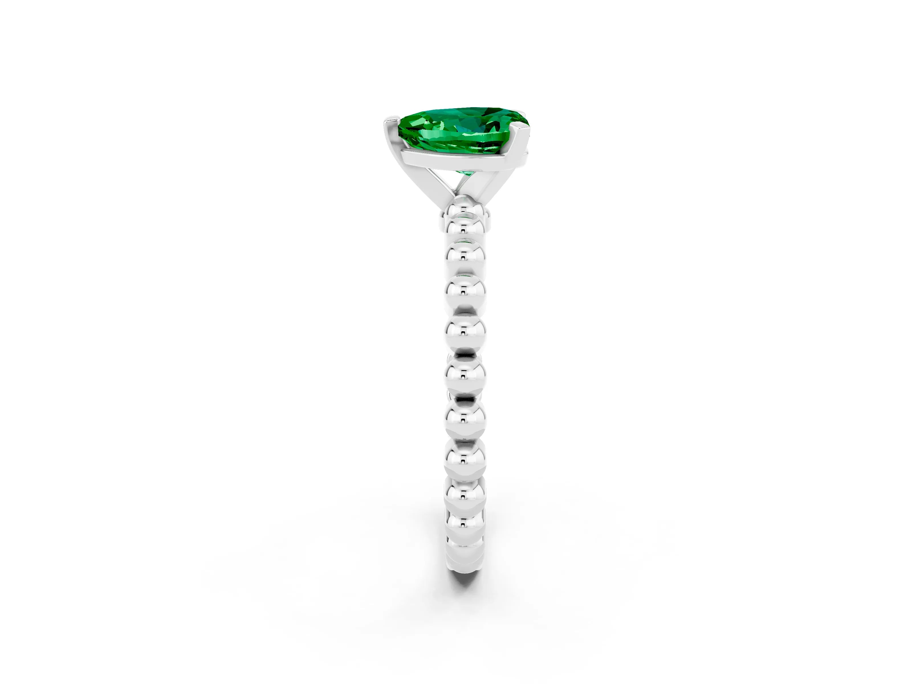 White gold Heart Cut Emerald Solitaire Ring with Beaded Band and Prong Setting_2