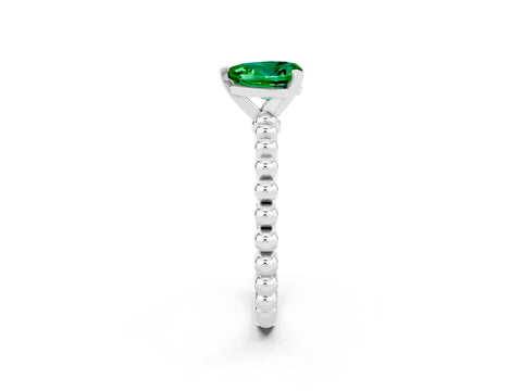 White gold Heart Cut Emerald Solitaire Ring with Beaded Band and Prong Setting_2