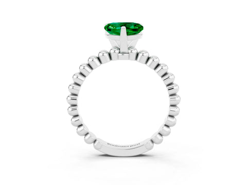 White gold Heart Cut Emerald Solitaire Ring with Beaded Band and Prong Setting_3