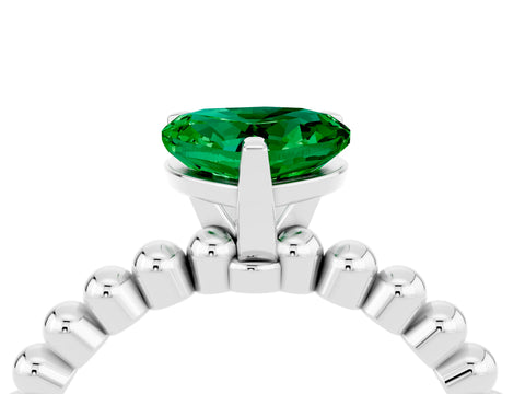 White gold Heart Cut Emerald Solitaire Ring with Beaded Band and Prong Setting_4