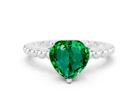 White gold Heart Cut Emerald Solitaire Ring with Beaded Band and Prong Setting