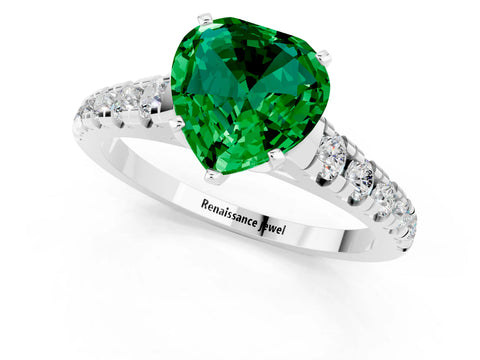 White gold Heart Cut Emerald Solitaire Ring with Cathedral Setting and Pavé Band_1