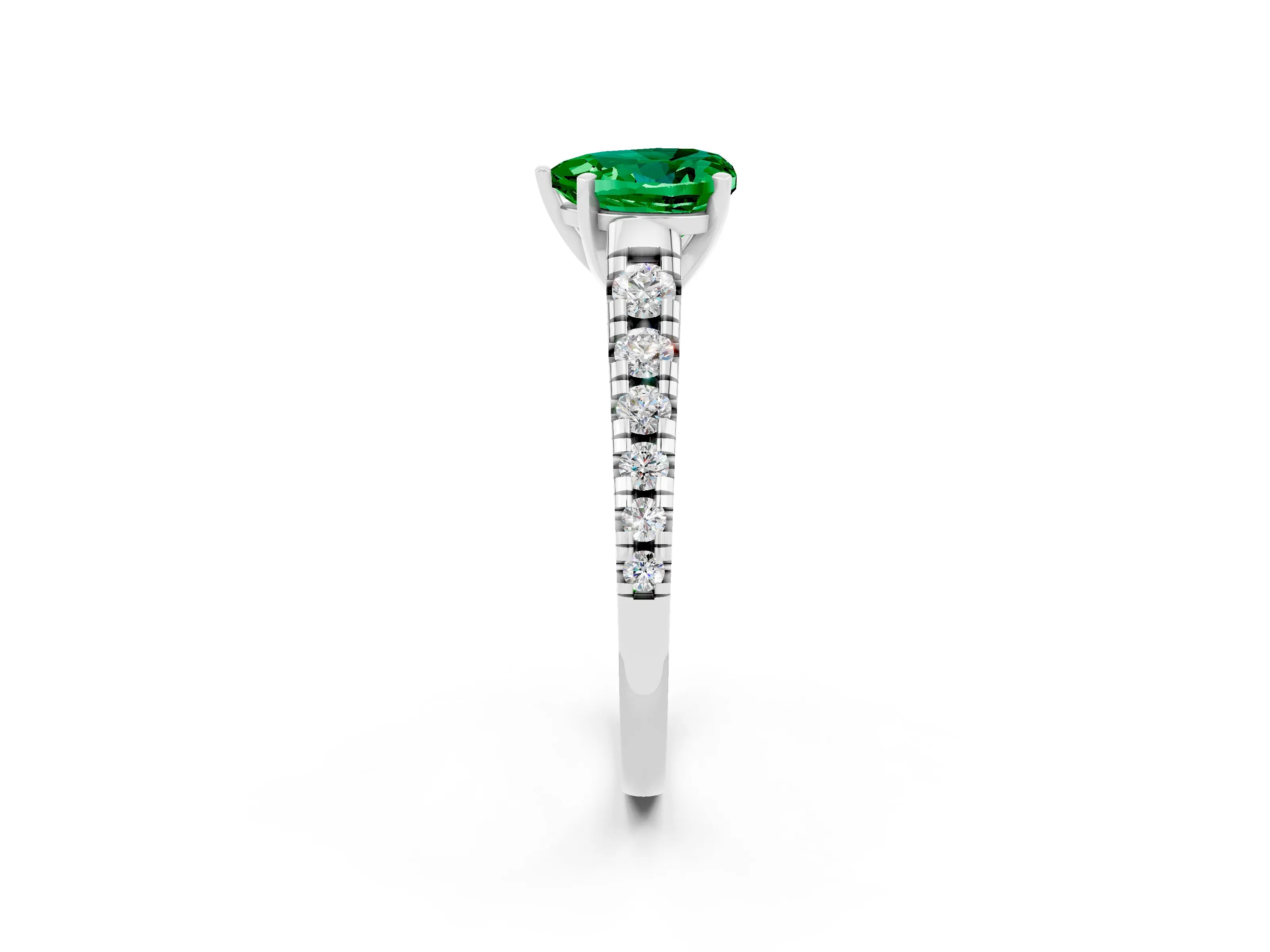 White gold Heart Cut Emerald Solitaire Ring with Cathedral Setting and Pavé Band_2