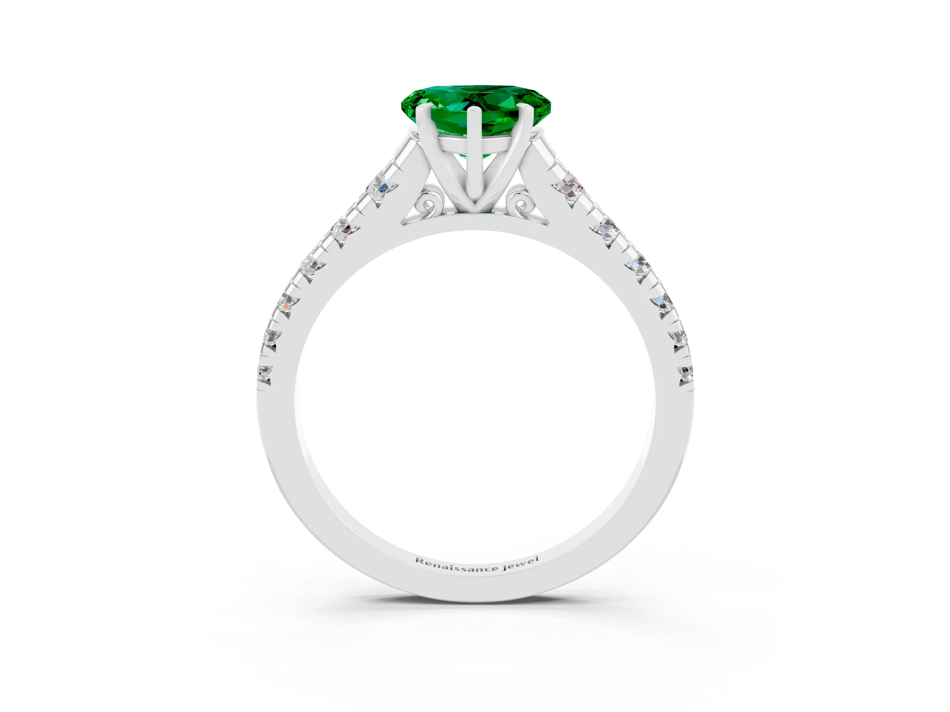White gold Heart Cut Emerald Solitaire Ring with Cathedral Setting and Pavé Band_3