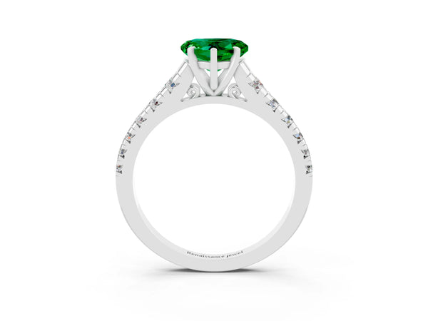 White gold Heart Cut Emerald Cathedral Solitaire Ring with Round  Pavé Band
