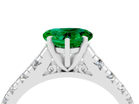 White gold Heart Cut Emerald Solitaire Ring with Cathedral Setting and Pavé Band_4
