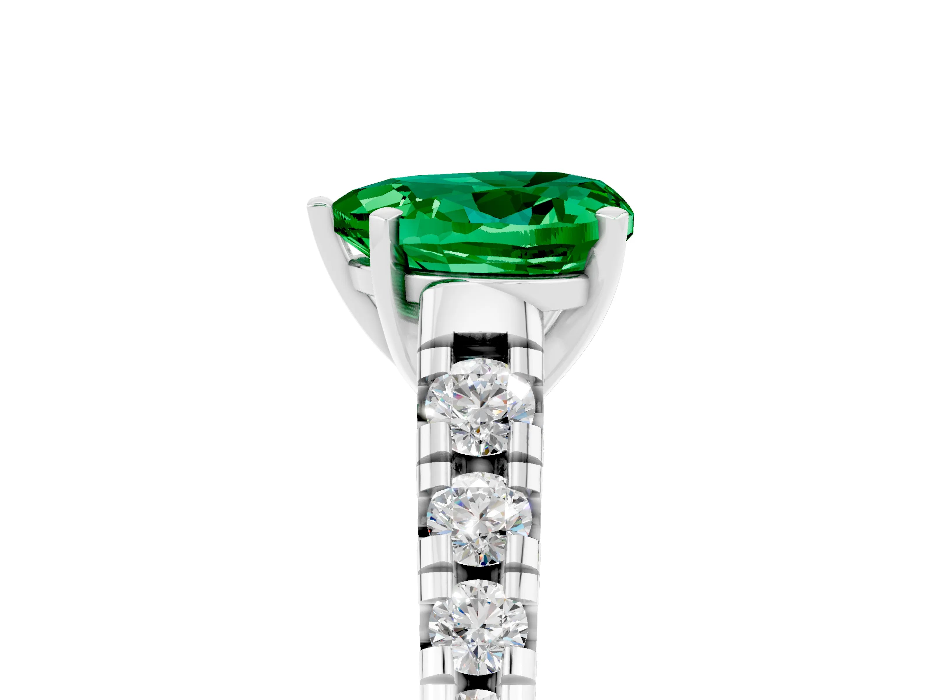 White gold Heart Cut Emerald Solitaire Ring with Cathedral Setting and Pavé Band_5