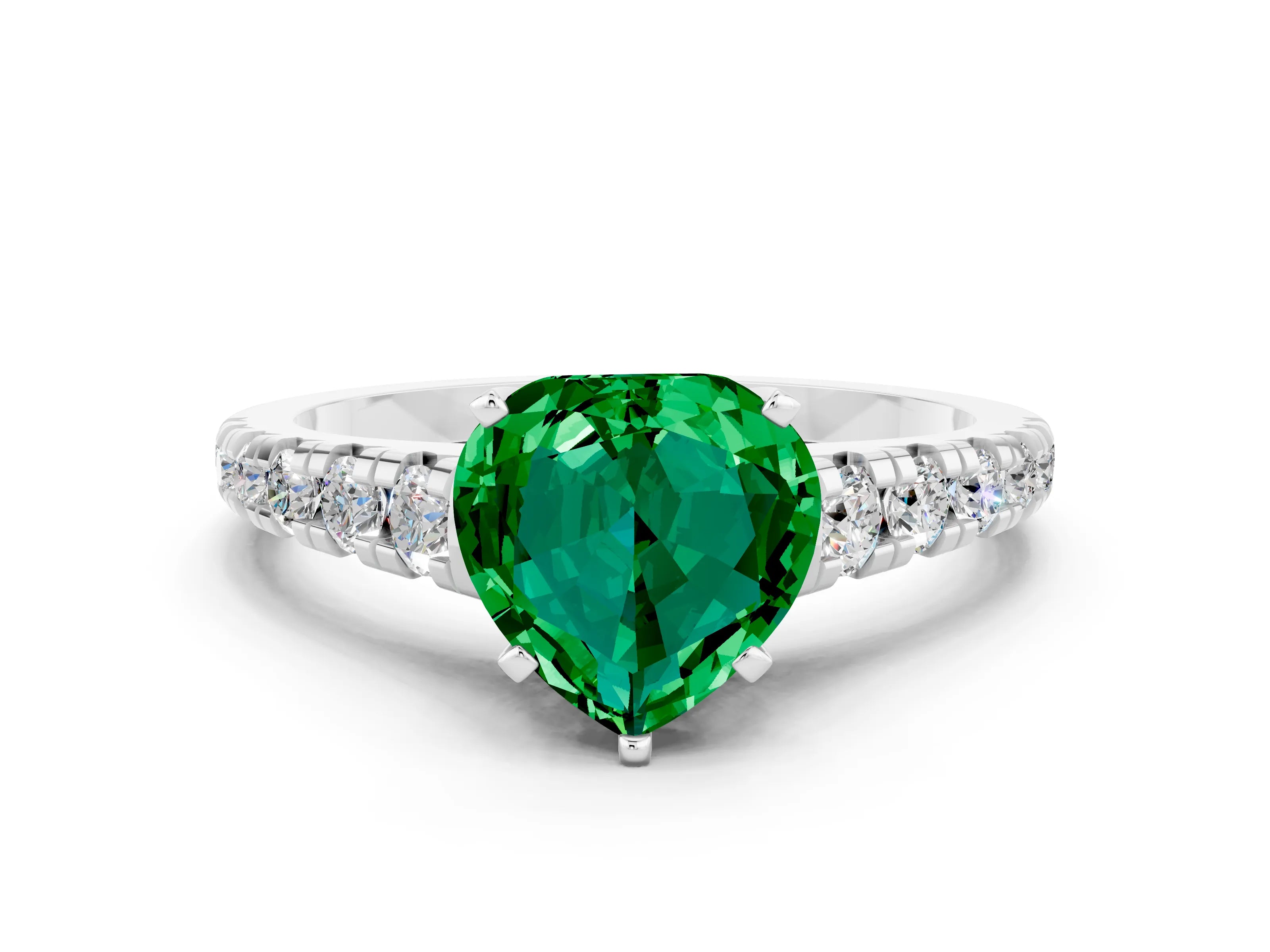 White gold Heart Cut Emerald Solitaire Ring with Cathedral Setting and Pavé Band