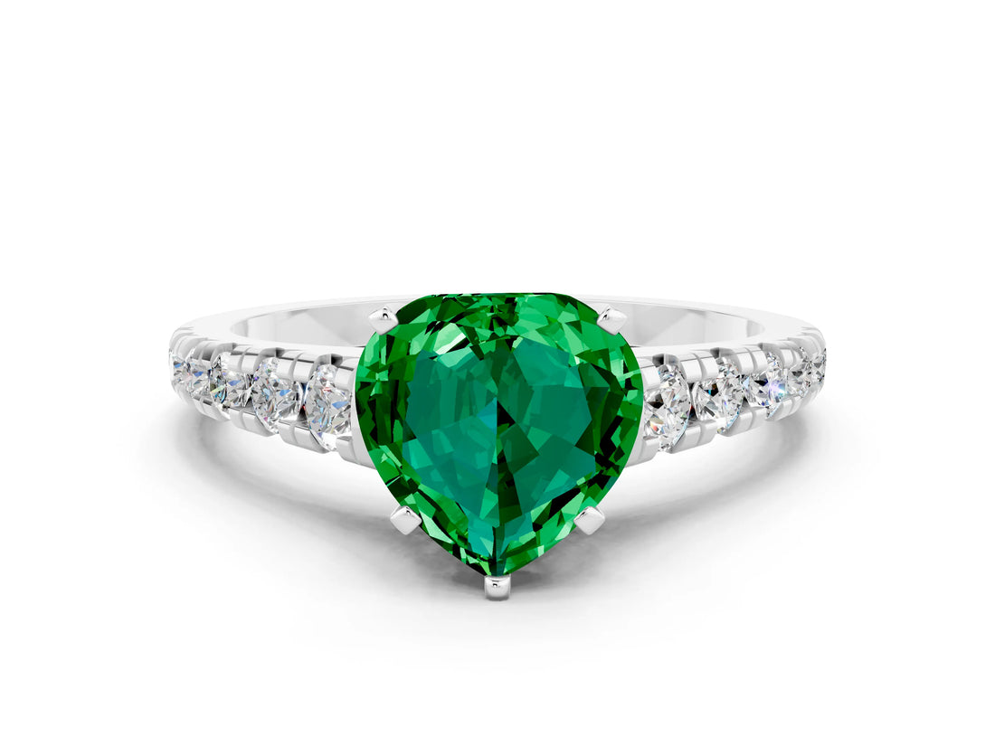 White gold Heart Cut Emerald Solitaire Ring with Cathedral Setting and Pavé Band