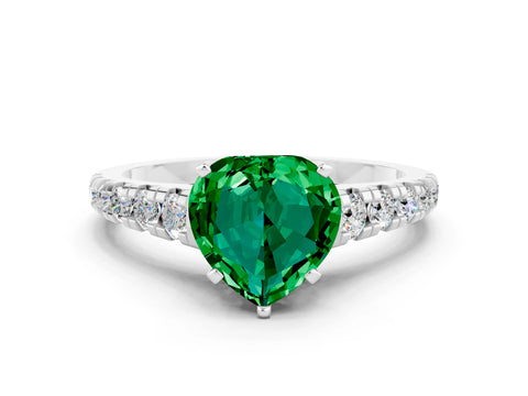 White gold Heart Cut Emerald Solitaire Ring with Cathedral Setting and Pavé Band
