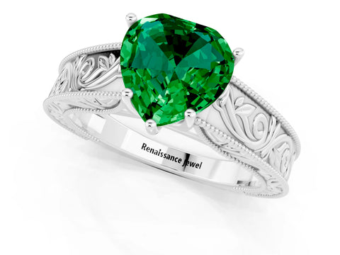 White gold Heart Cut Emerald Solitaire Ring with Engraved Band and Four-Prong Setting_1