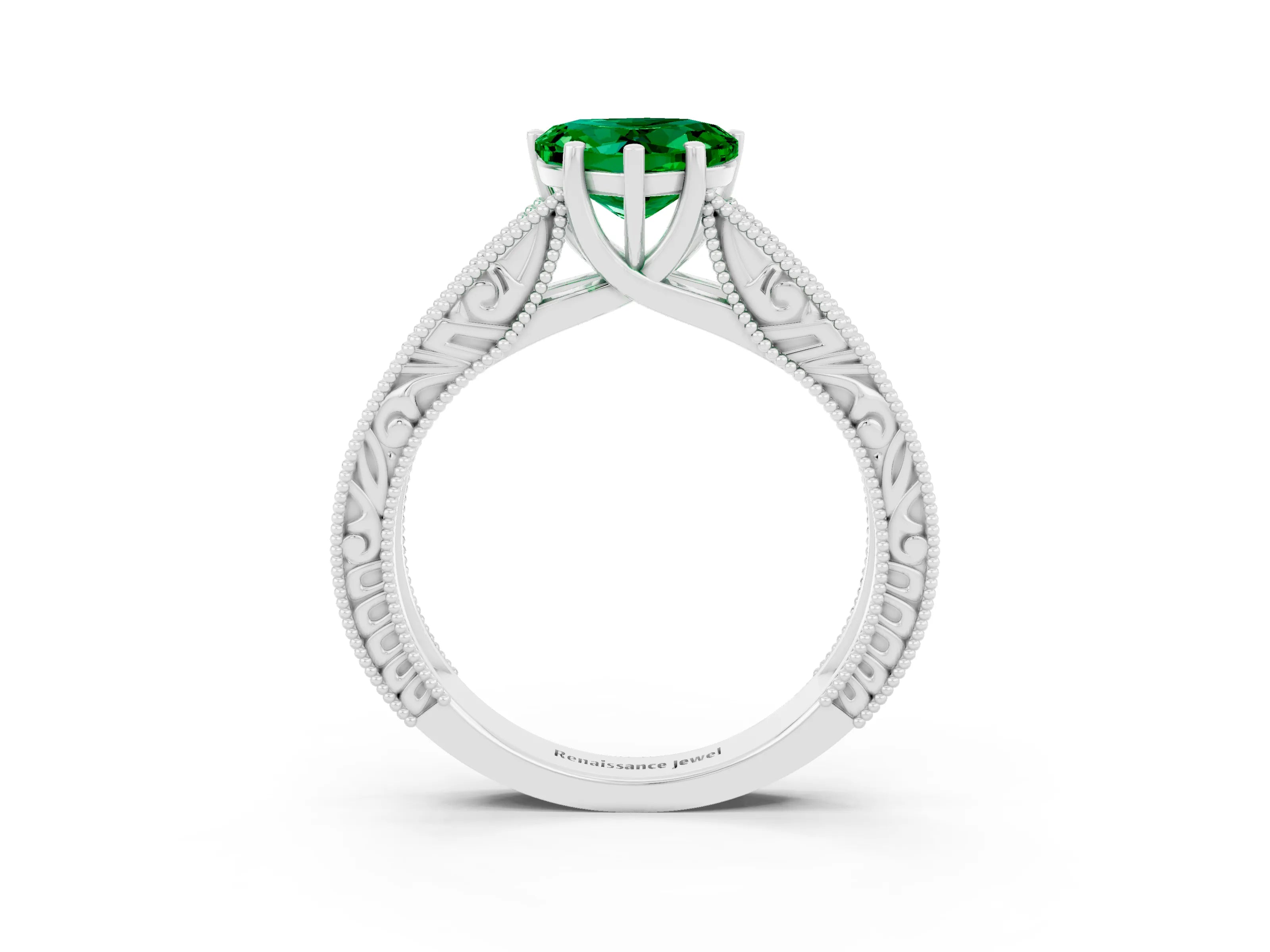 White gold Heart Cut Emerald Solitaire Ring with Engraved Band and Four-Prong Setting_3
