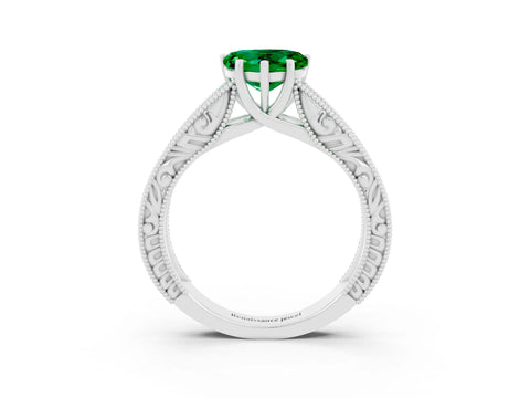 White gold Heart Cut Emerald Solitaire Ring with Engraved Band and Four-Prong Setting_3