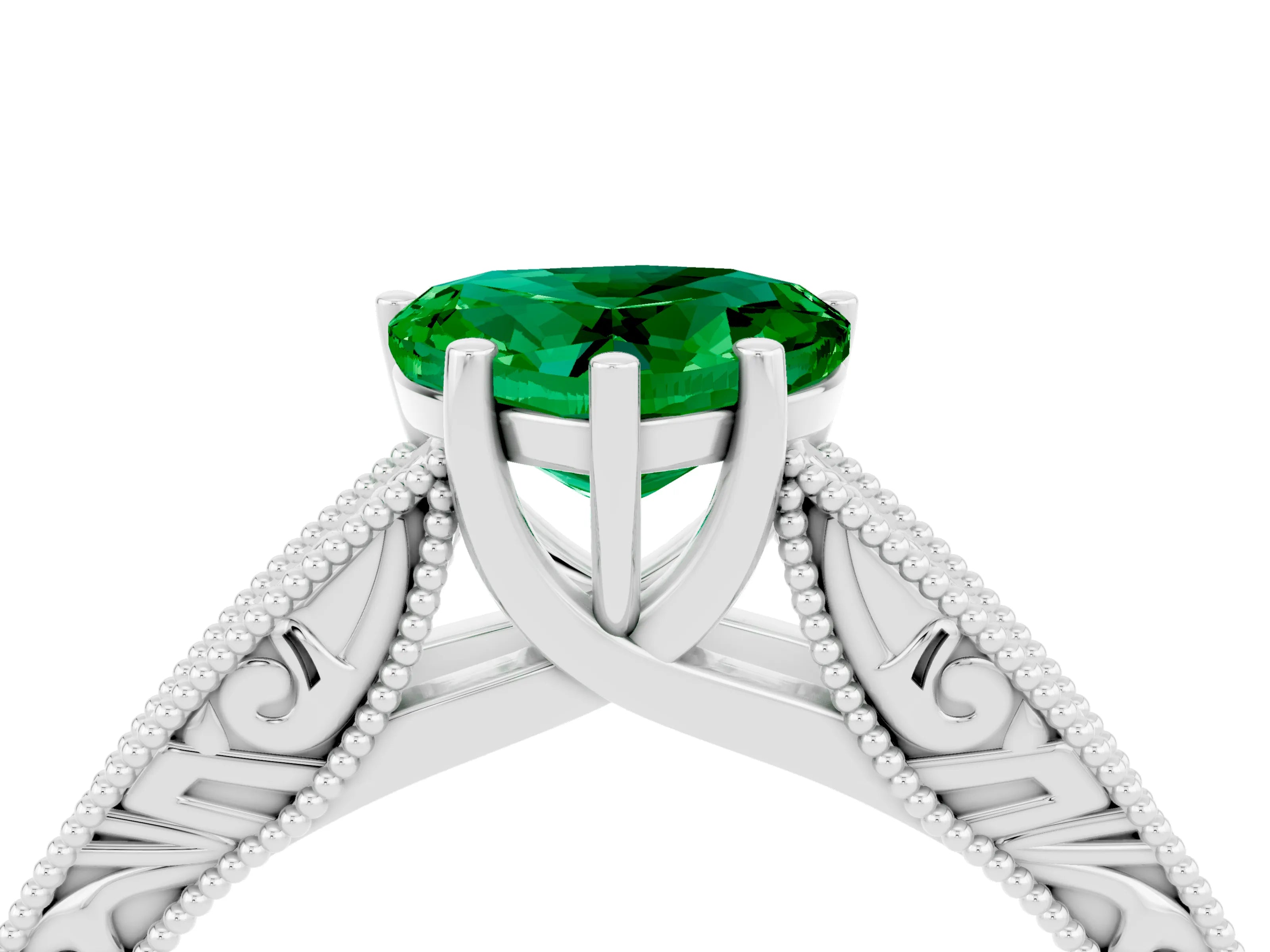 White gold Heart Cut Emerald Solitaire Ring with Engraved Band and Four-Prong Setting_4