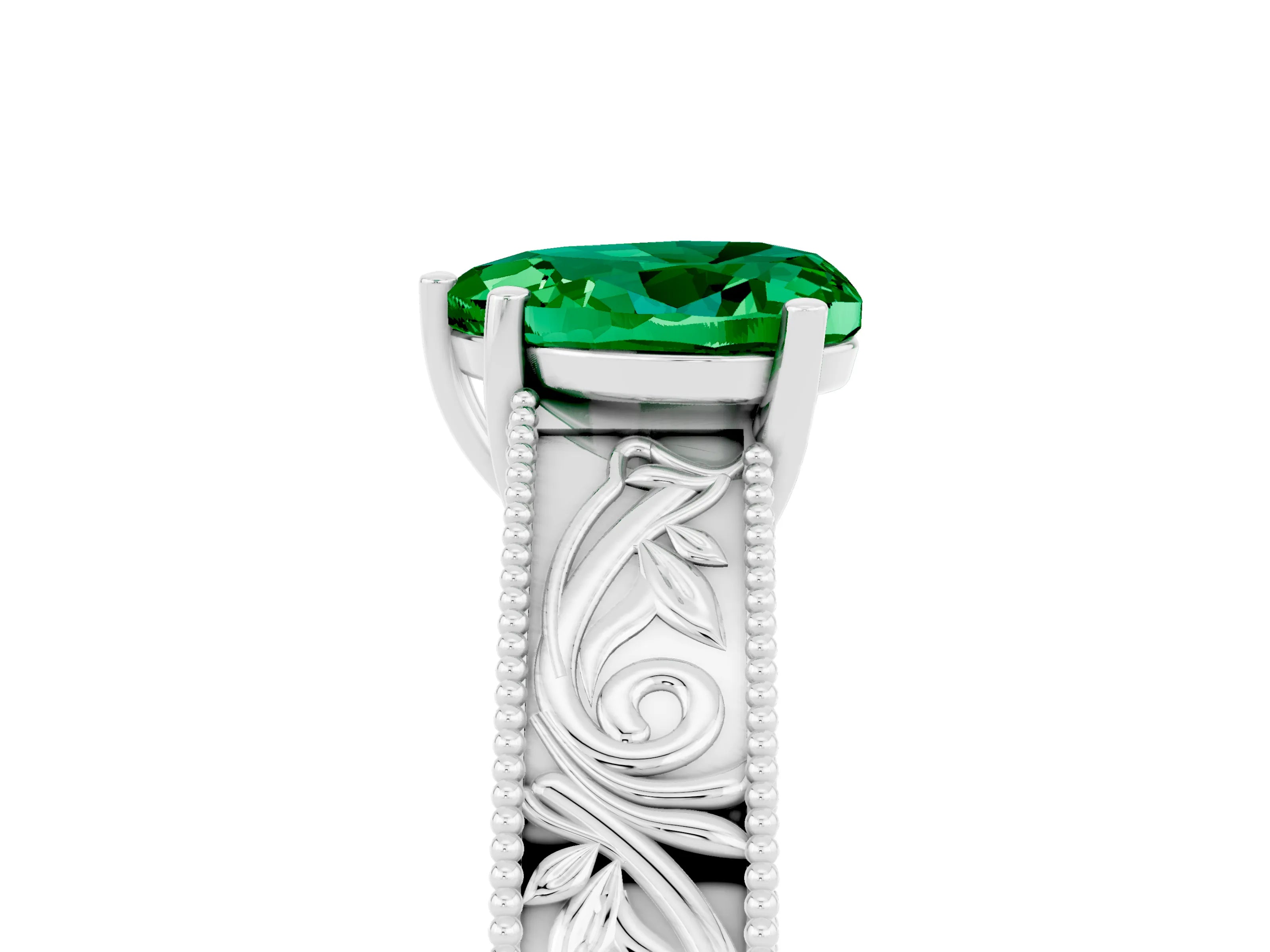 White gold Heart Cut Emerald Solitaire Ring with Engraved Band and Four-Prong Setting_5