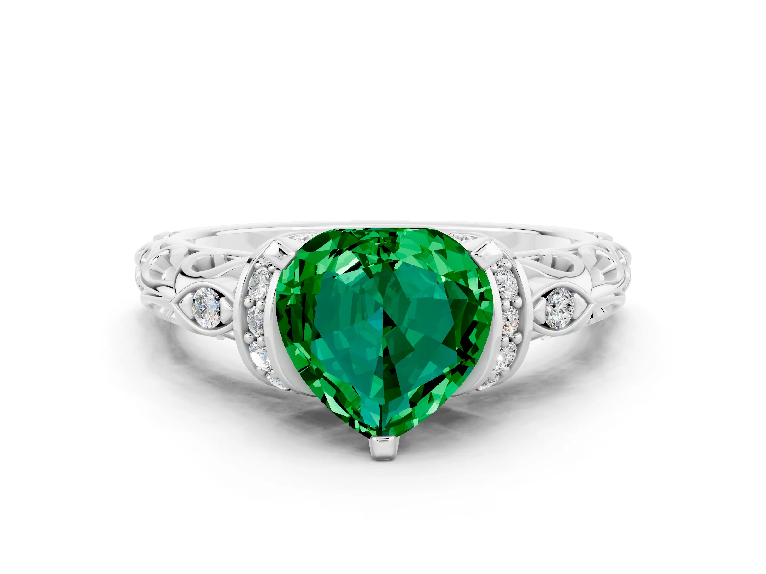 White gold Heart Cut Emerald Solitaire Ring with Filigree Band and Four-Prong Setting_24