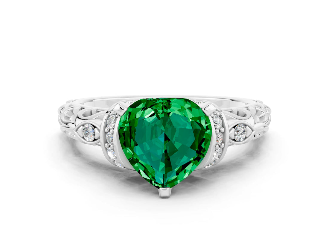 White gold Heart Cut Emerald Solitaire Ring with Filigree Band and Four-Prong Setting_24