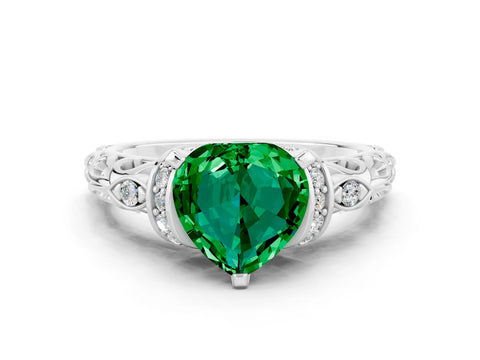 White gold Heart Cut Emerald Solitaire Ring with Filigree Band and Four-Prong Setting_24