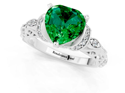 White gold Heart Cut Emerald Solitaire Ring with Filigree Band and Four-Prong Setting_25