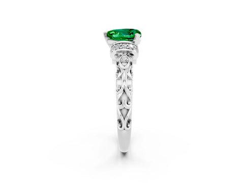 White gold Heart Cut Emerald Solitaire Ring with Filigree Band and Four-Prong Setting_26