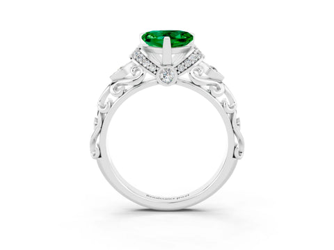 White gold Heart Cut Emerald Solitaire Ring with Filigree Band and Four-Prong Setting_27