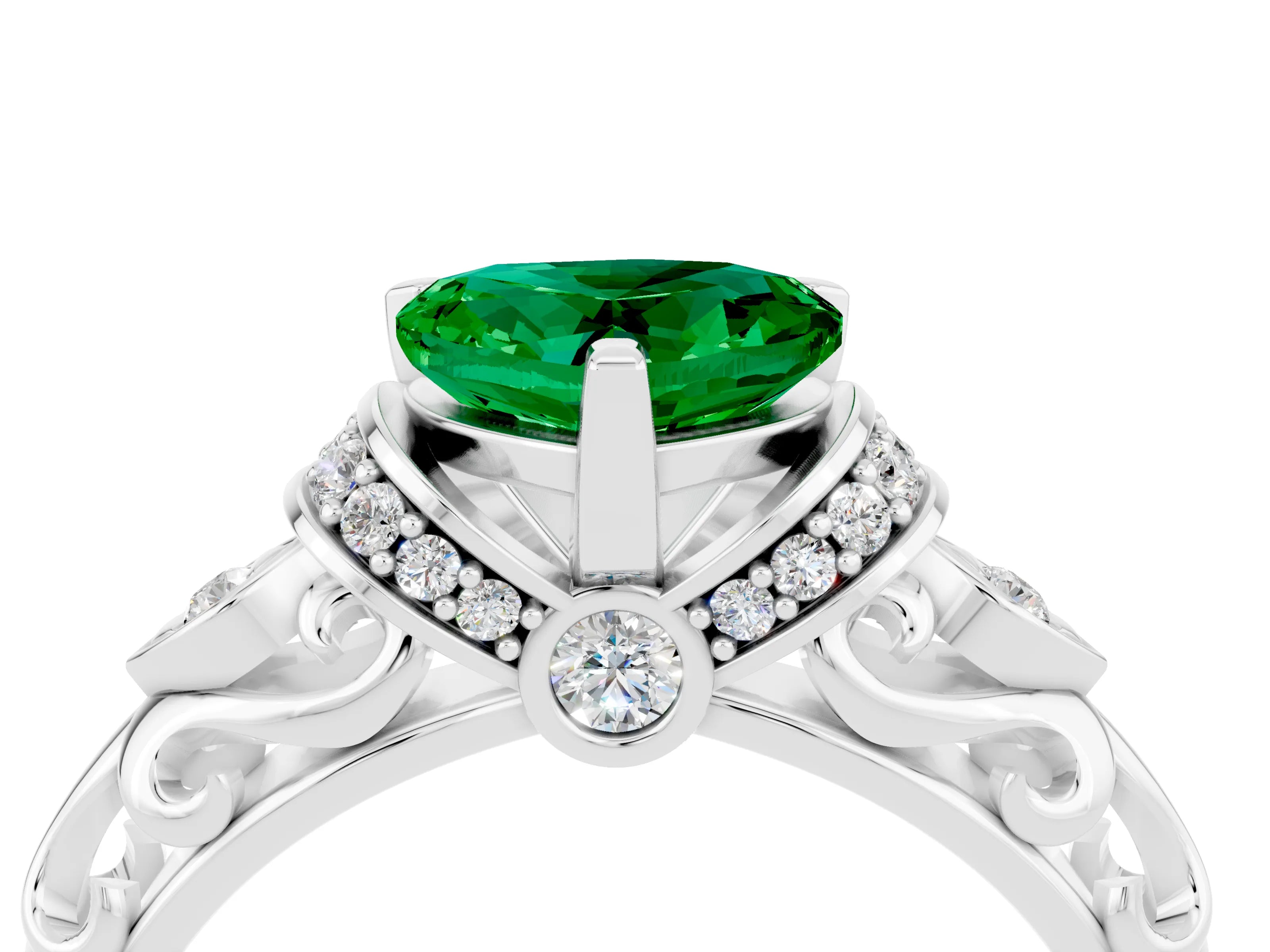 White gold Heart Cut Emerald Solitaire Ring with Filigree Band and Four-Prong Setting_28
