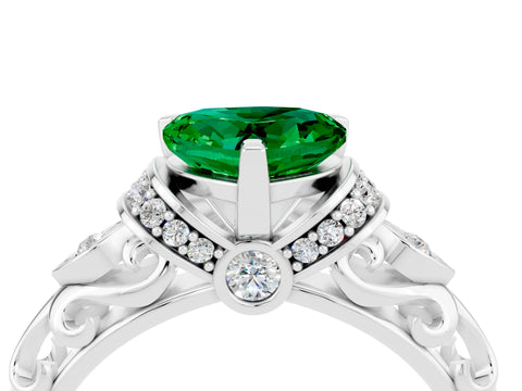 White gold Heart Cut Emerald Solitaire Ring with Filigree Band and Four-Prong Setting_28