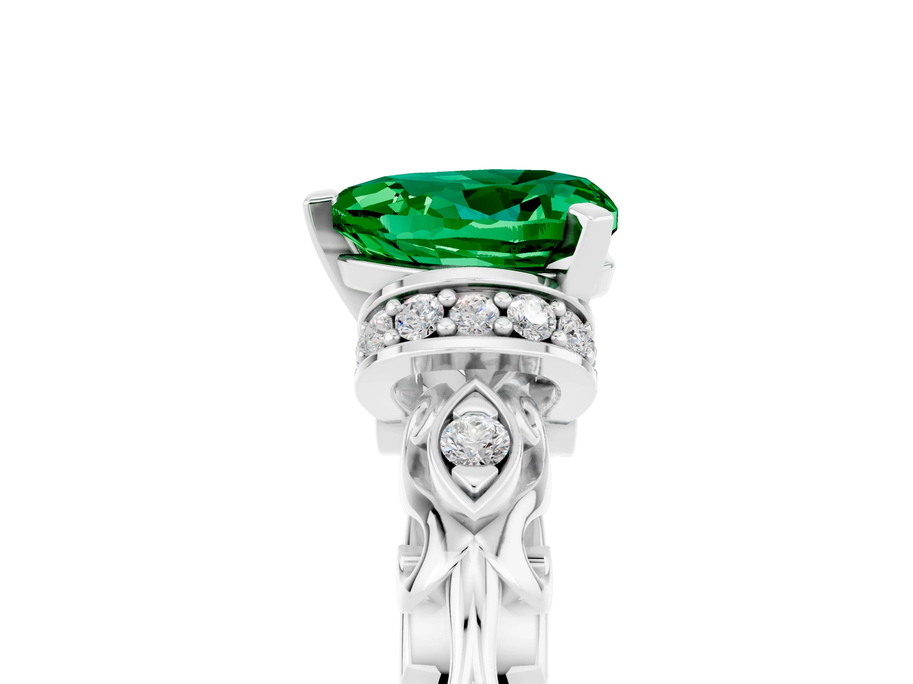 White gold Heart Cut Emerald Solitaire Ring with Filigree Band and Four-Prong Setting_29