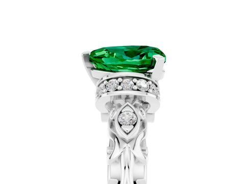 White gold Heart Cut Emerald Solitaire Ring with Filigree Band and Four-Prong Setting_29