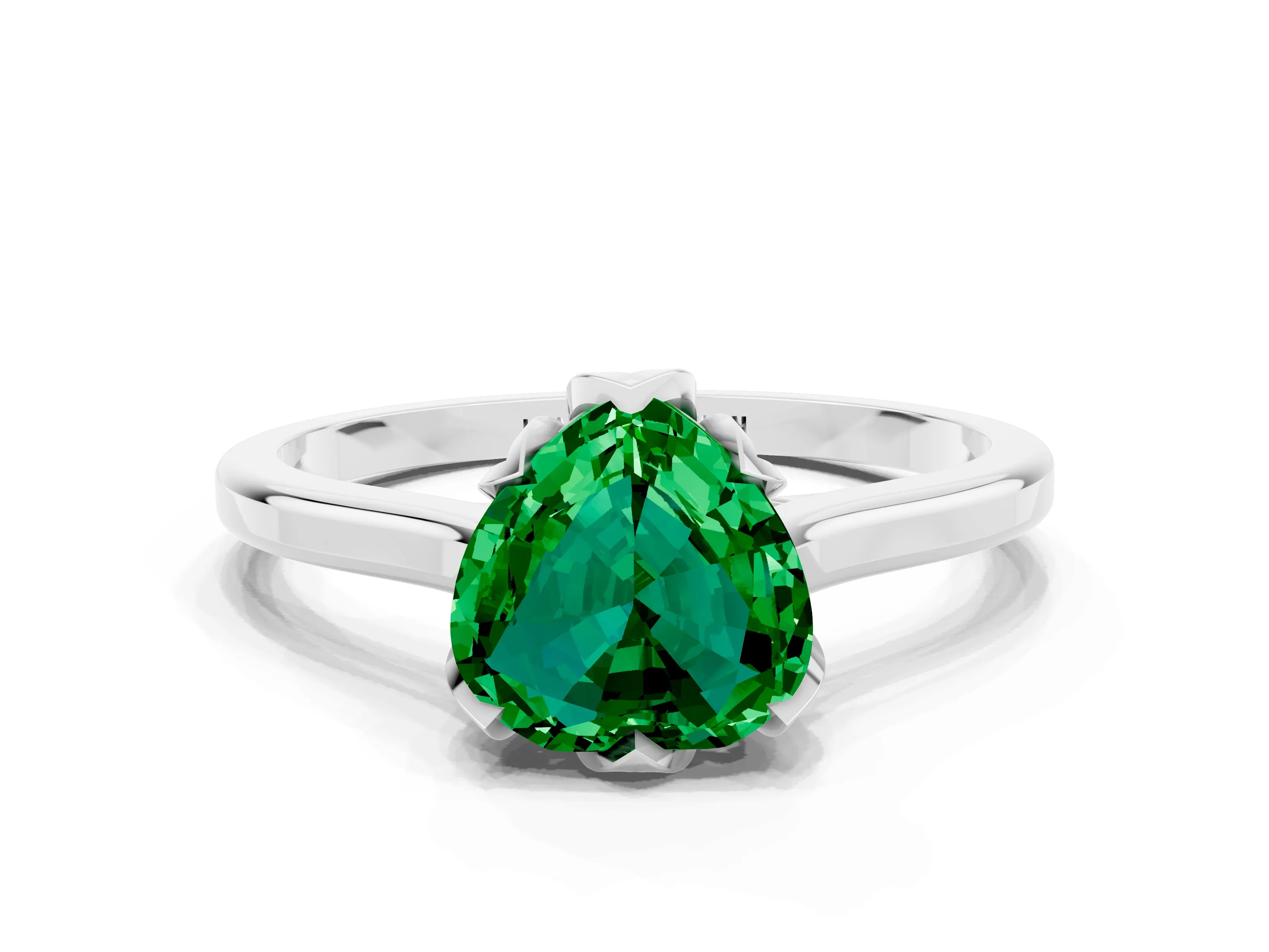 White gold Heart Cut Emerald Solitaire Ring with Flower Prong Setting and Classic Band_12