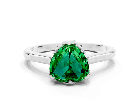 White gold Heart Cut Emerald Solitaire Ring with Flower Prong Setting and Classic Band_12