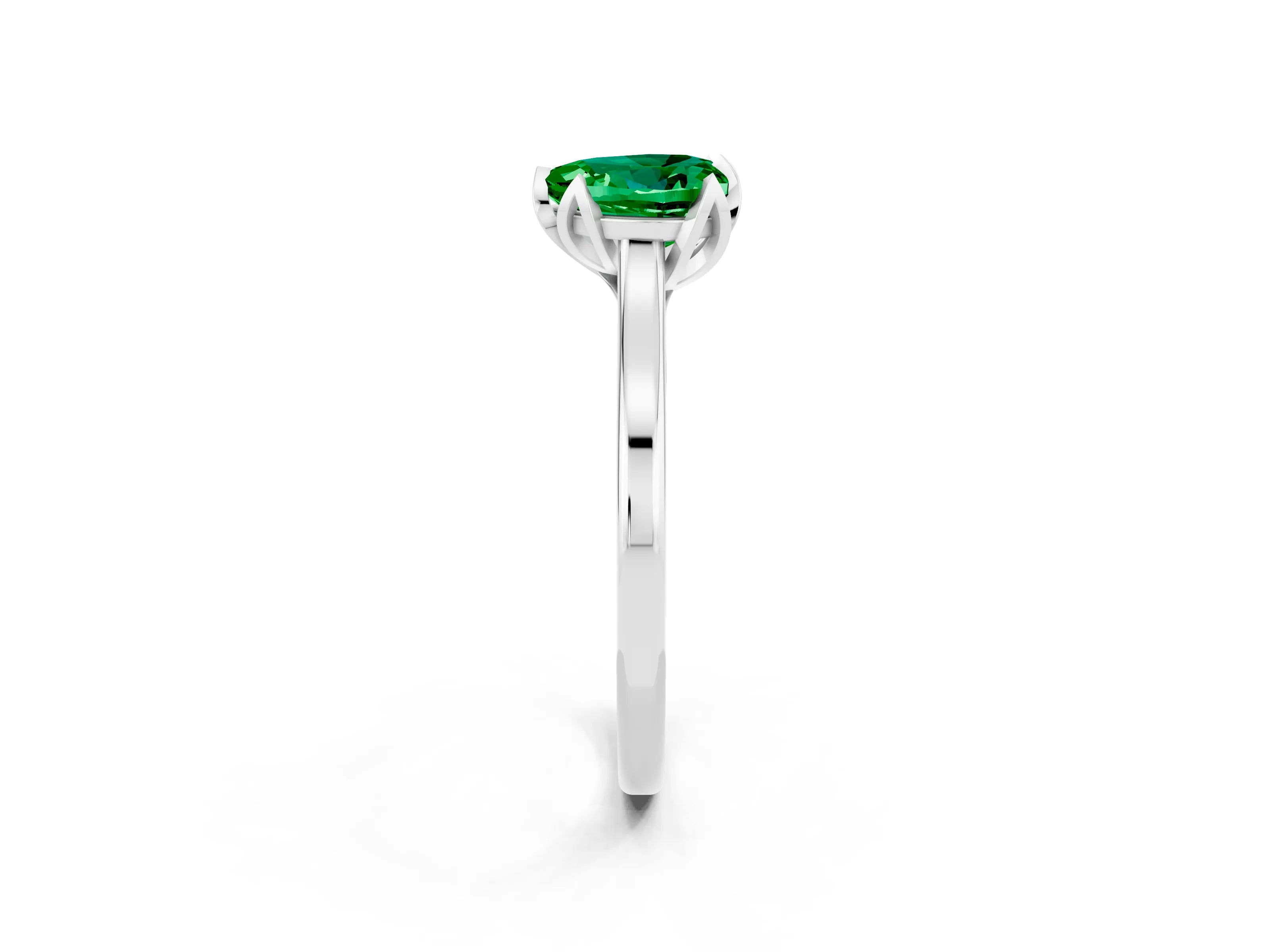 White gold Heart Cut Emerald Solitaire Ring with Flower Prong Setting and Classic Band_14