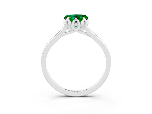 Silver Heart Cut Emerald Solitaire Ring with Flower Prong Setting and Classic Band