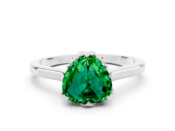 White gold Heart Cut Emerald Solitaire Ring with Flower Prong Setting and Classic Band