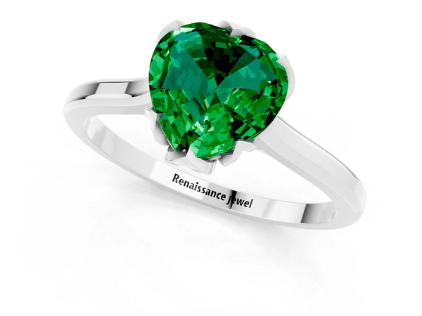 White gold Heart Cut Emerald Solitaire Ring with Flower Prong Setting and Classic Band