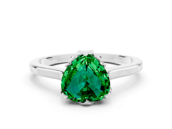 White gold Heart Cut Emerald Solitaire Ring with Flower Prong Setting and Classic Band