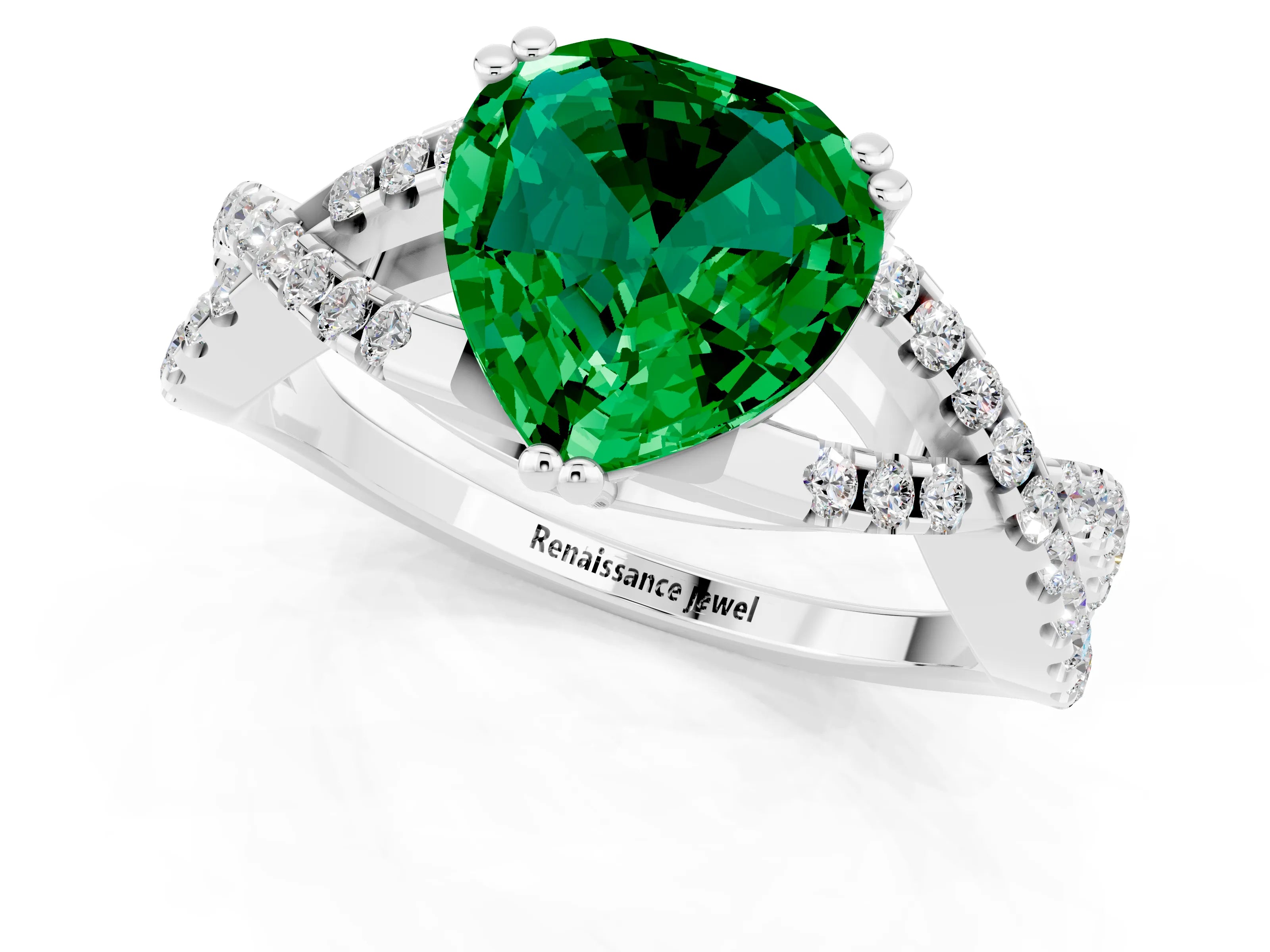 White gold Heart Cut Emerald Solitaire Ring with Four-Prong Setting and Twisted Pavé Band_1