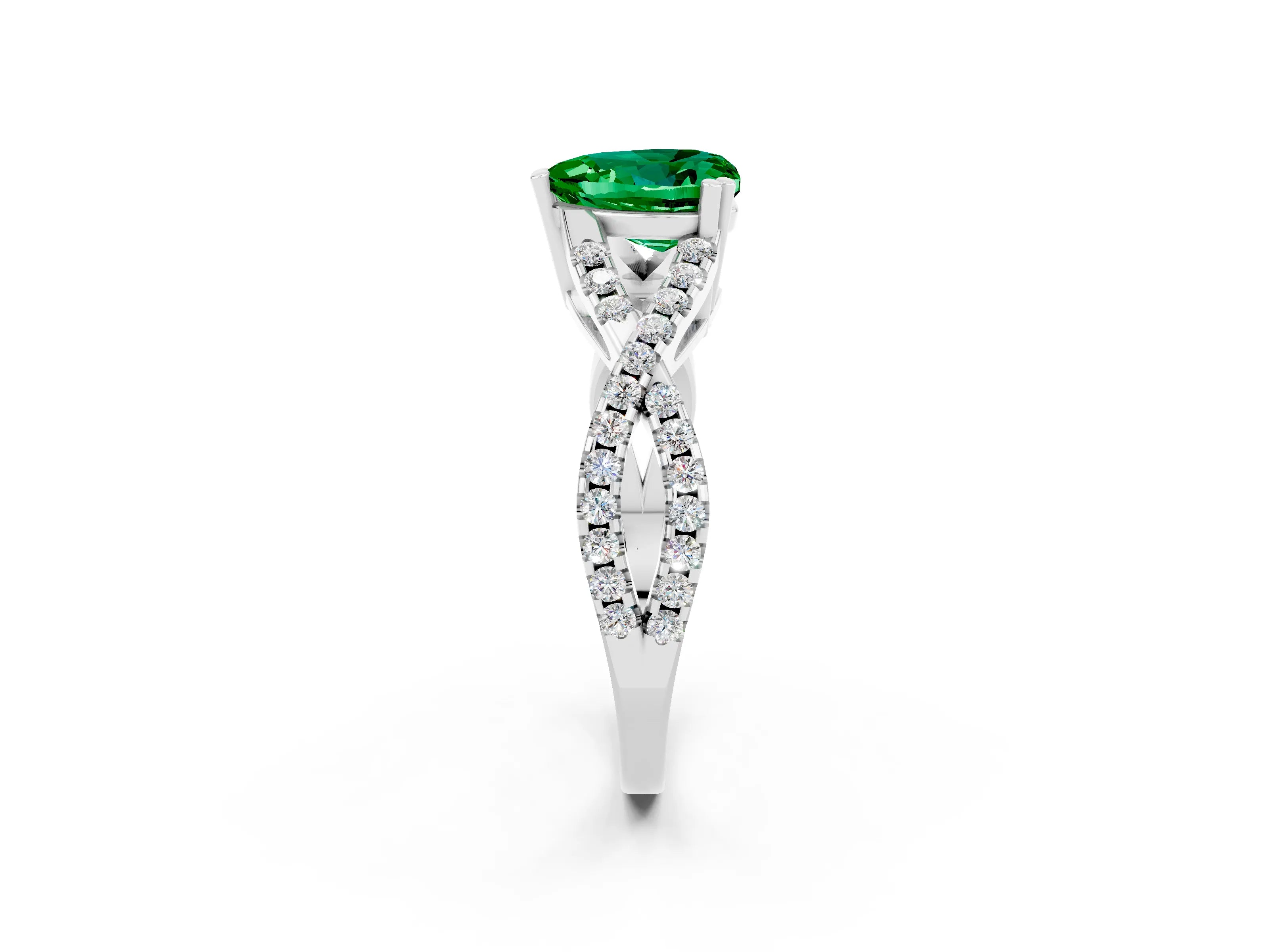 White gold Heart Cut Emerald Solitaire Ring with Four-Prong Setting and Twisted Pavé Band_2