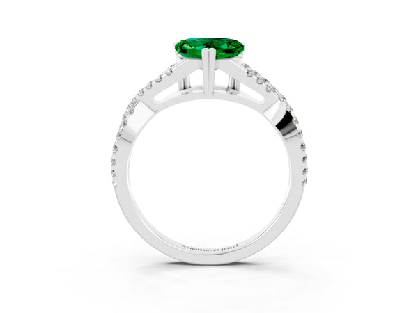 Platinum Heart Cut Emerald Solitaire Ring with Four-Prong Setting and Twisted Pavé Band