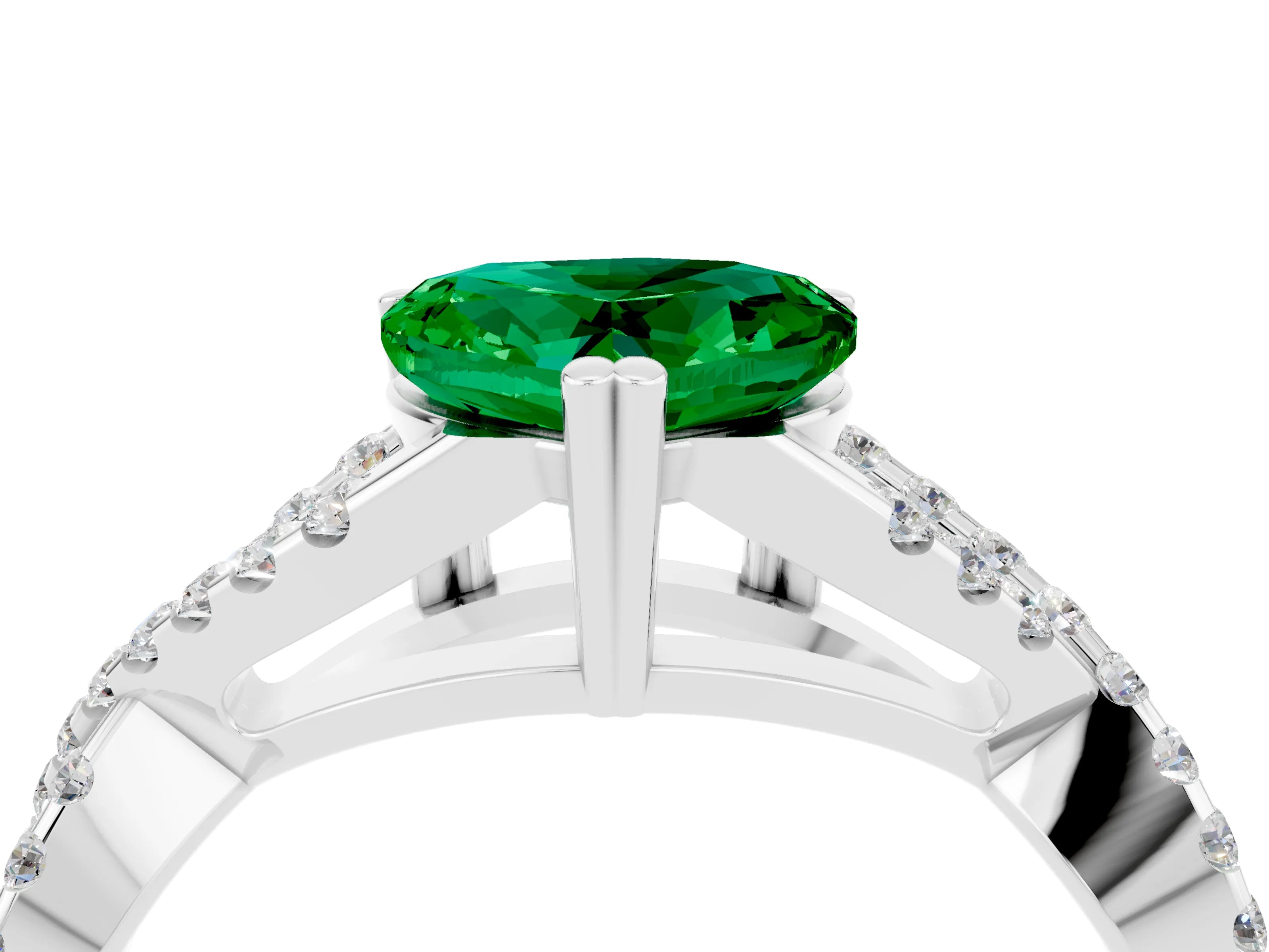 White gold Heart Cut Emerald Solitaire Ring with Four-Prong Setting and Twisted Pavé Band_4