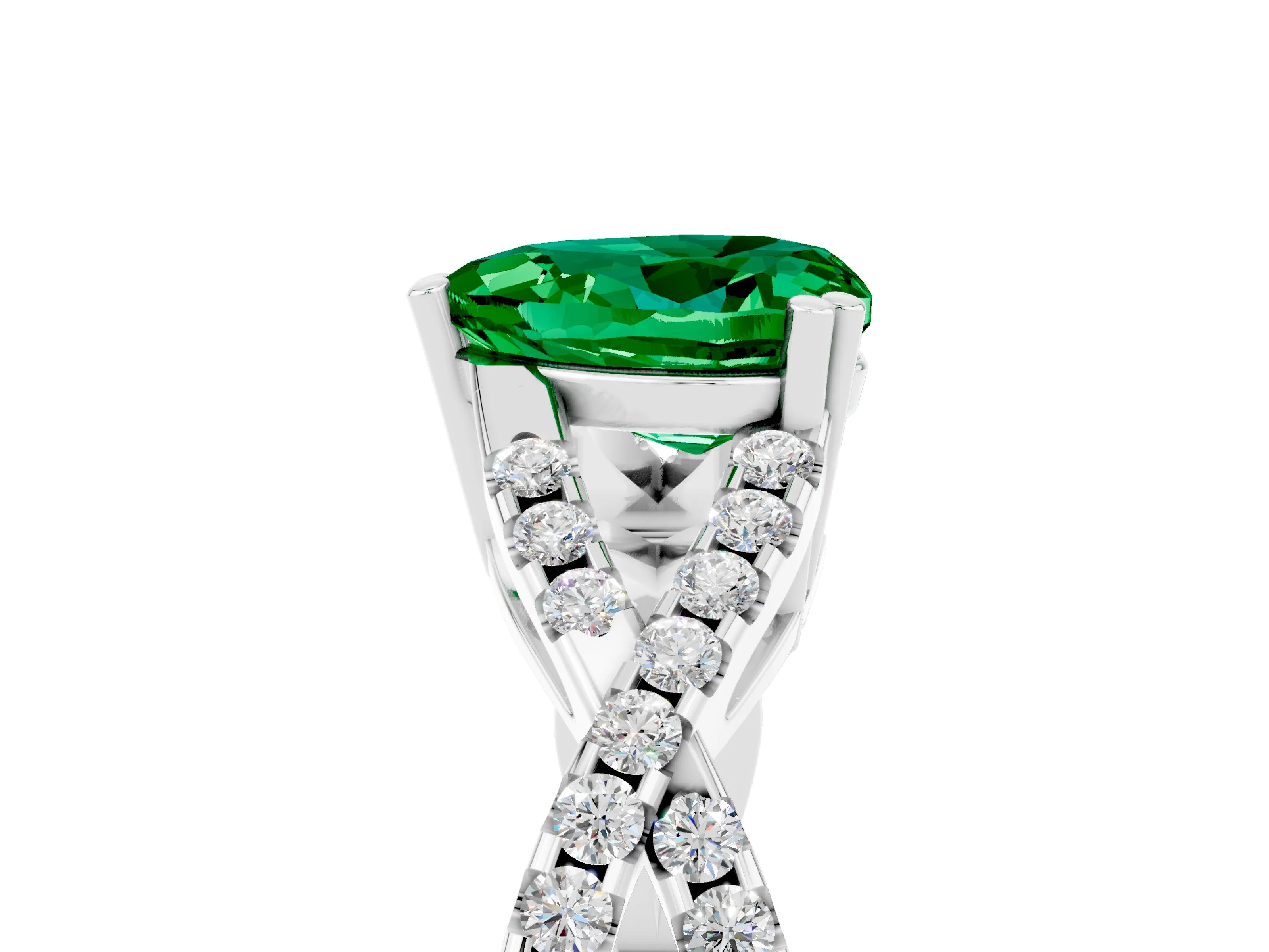 White gold Heart Cut Emerald Solitaire Ring with Four-Prong Setting and Twisted Pavé Band_5