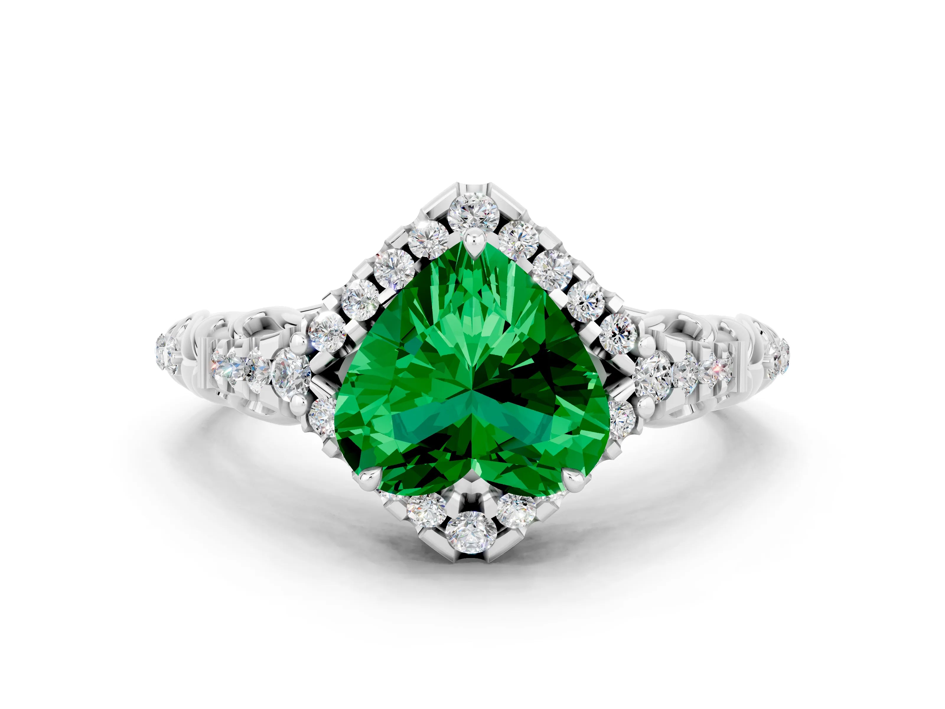 White gold Heart Cut Emerald Solitaire Ring with Hidden Halo and Pavé Band_12
