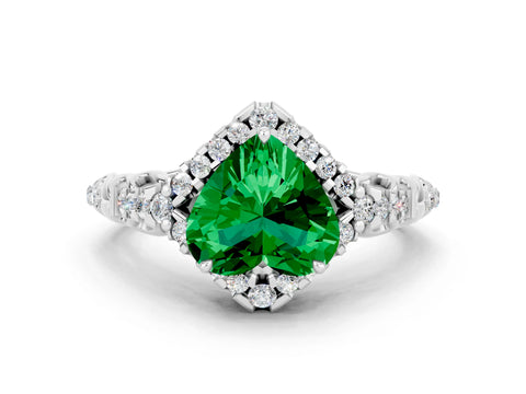 White gold Heart Cut Emerald Solitaire Ring with Hidden Halo and Pavé Band_12